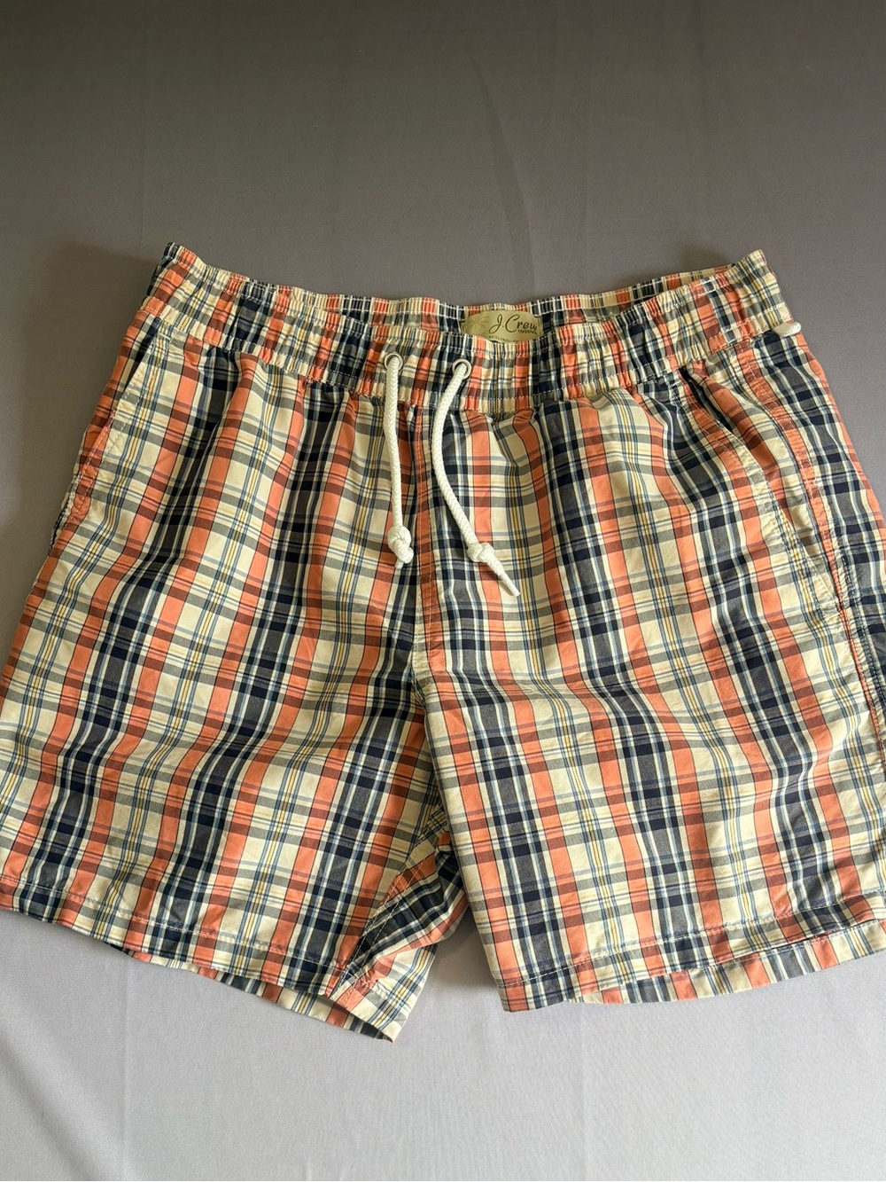 J. Crew Plaid Swim Trunks in Coral, Navy & Cream